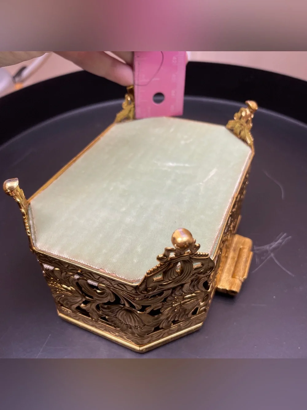 French 1920s filigree  brass & glass casket Ormolu gilt jewelry box EXCELLENT!